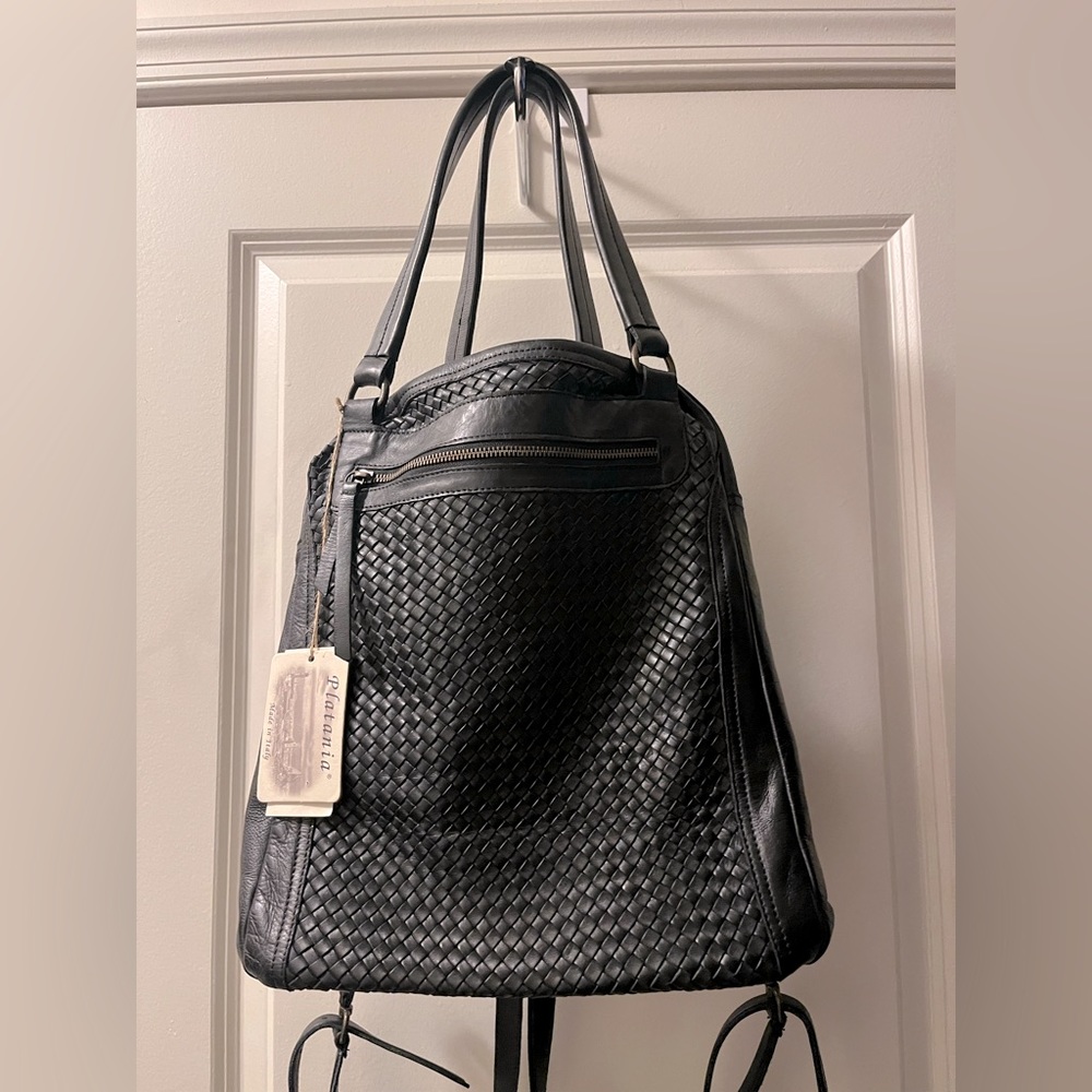 New with Tags - Black Leather Woven Convertible Backpack Purse. Made in Italy.